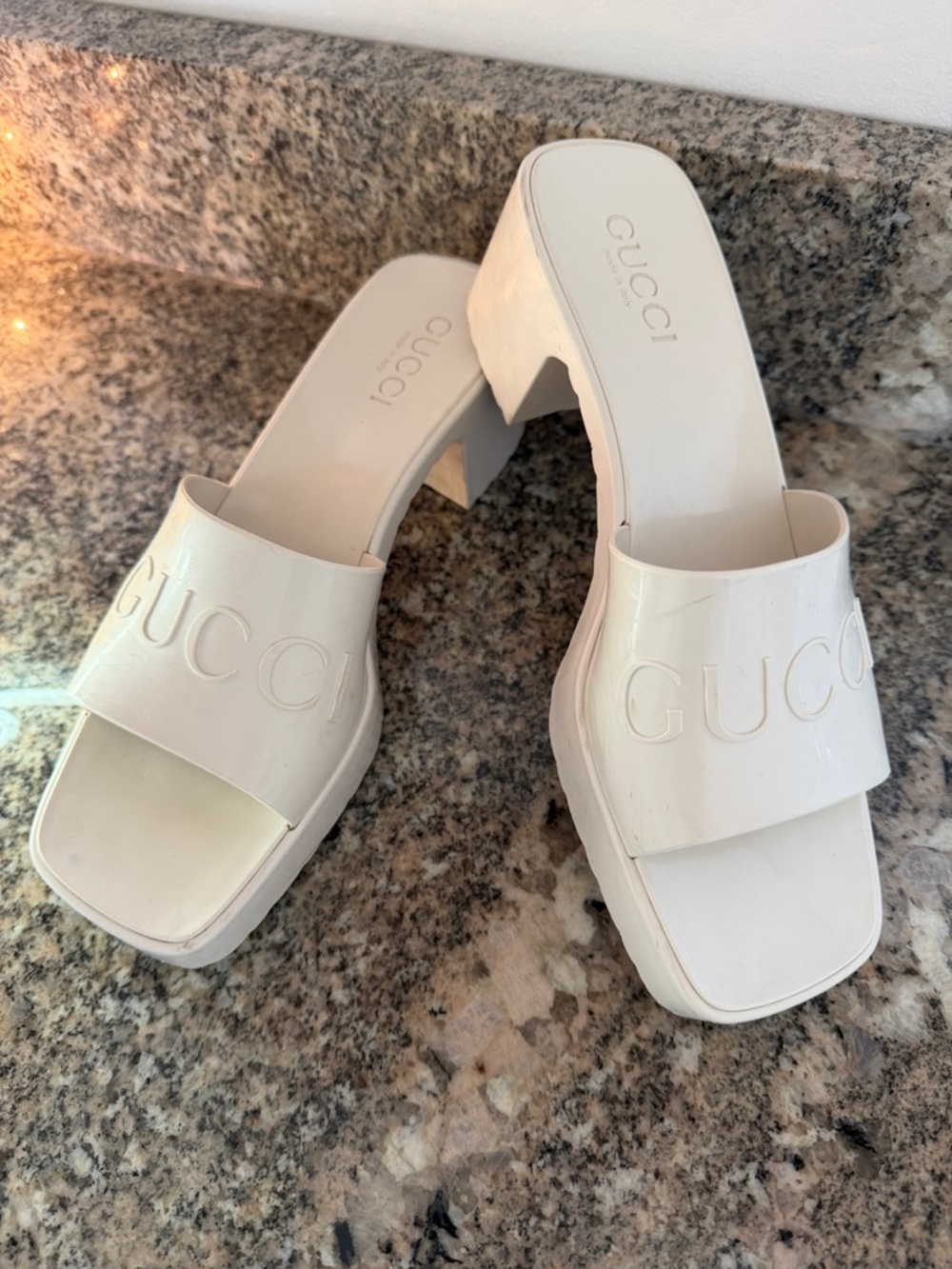 Gucci Women's Ivory Embossed Logo Slide Sandals - Picture 7 of 15